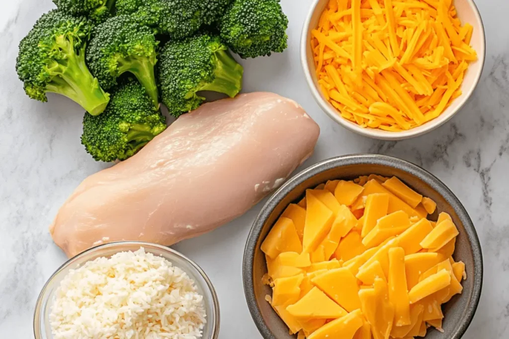 A step-by-step layering process for chicken broccoli rice casserole in a baking dish.