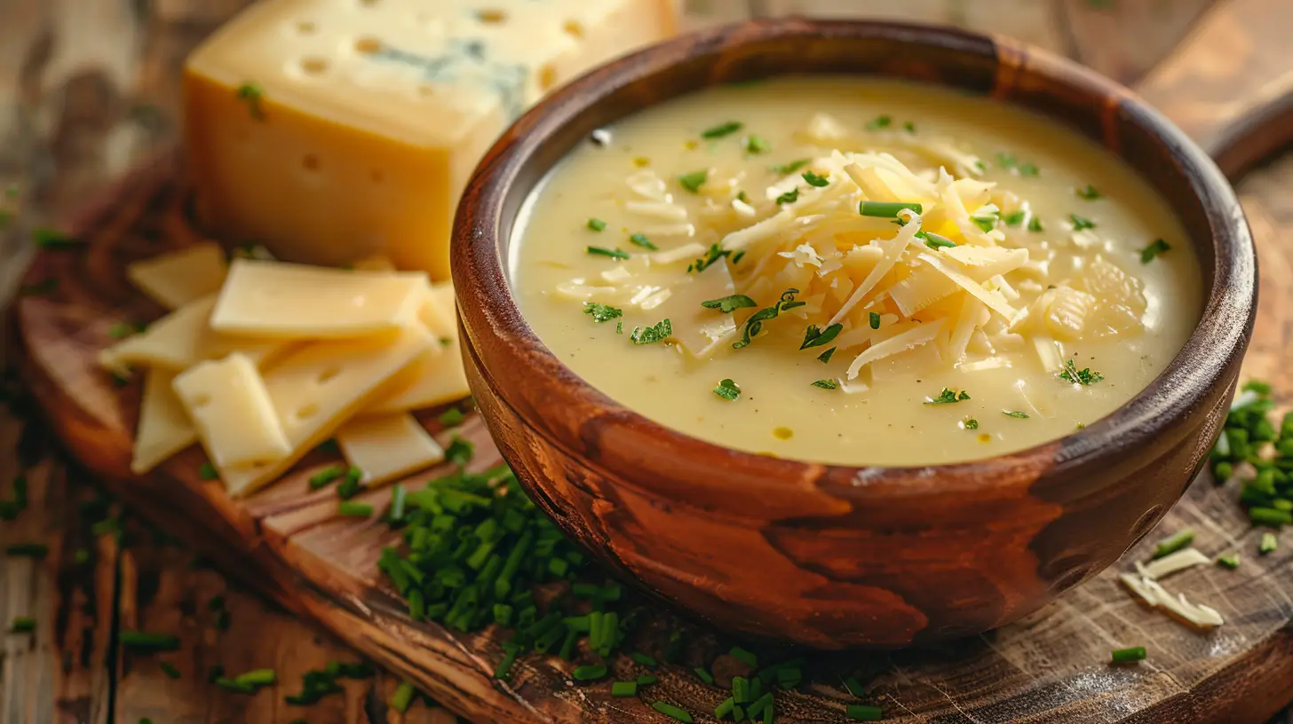 A variety of cheeses arranged on a wooden board, including cheddar, gouda, and parmesan, next to a steaming bowl of soup.