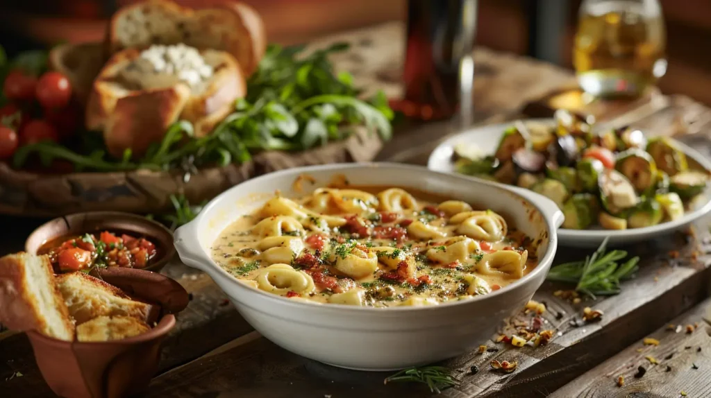 Garlic bread, Caesar salad, and roasted vegetables served alongside a steaming bowl of tortellini soup on a rustic wooden table.