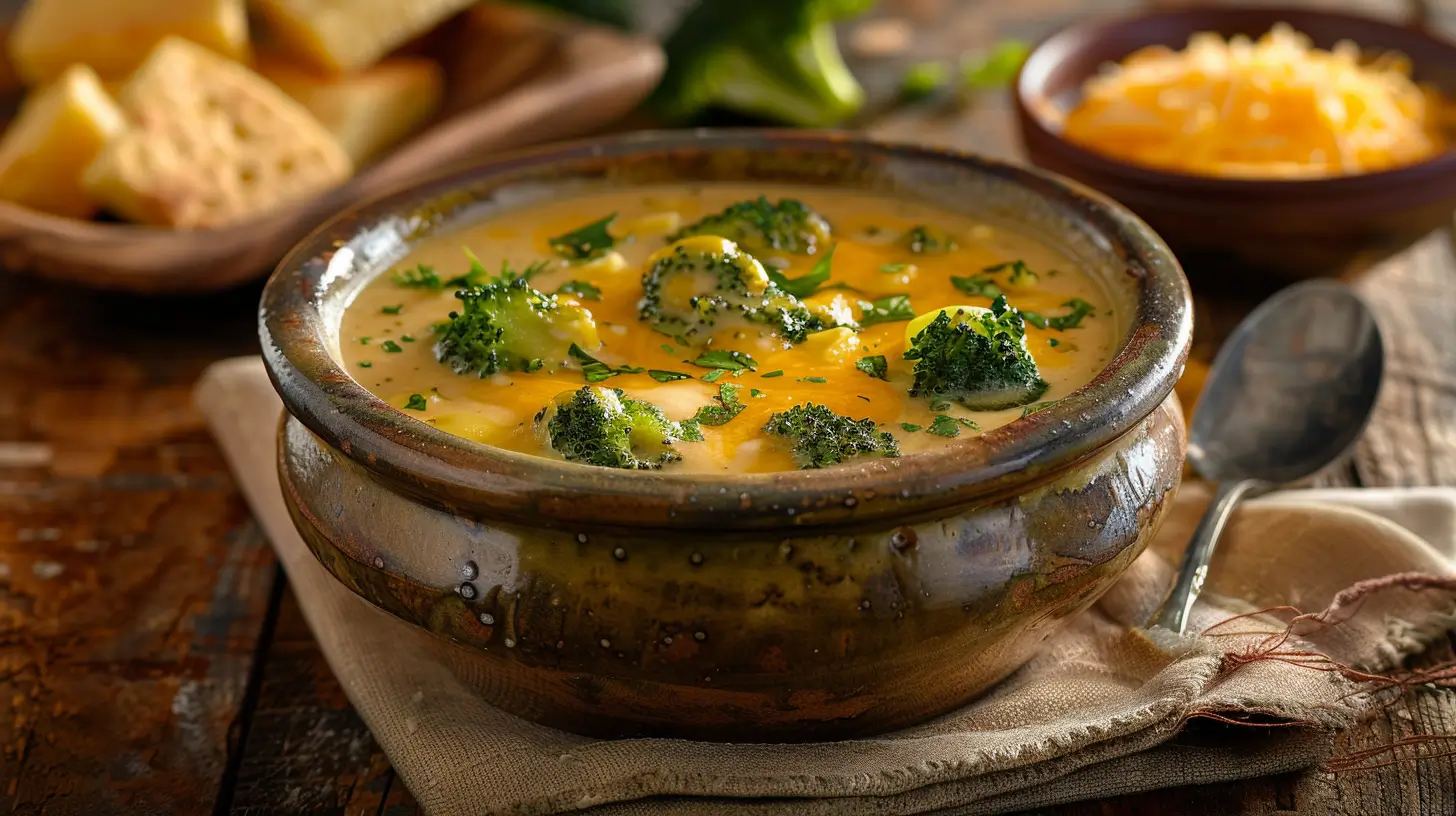 A steaming bowl of broccoli cheddar soup garnished with fresh herbs, served on a wooden table.