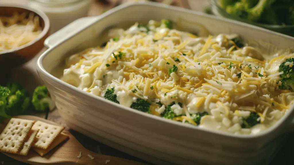 A broccoli cheese casserole in the process of being assembled with broccoli florets and grated cheese in a baking dish