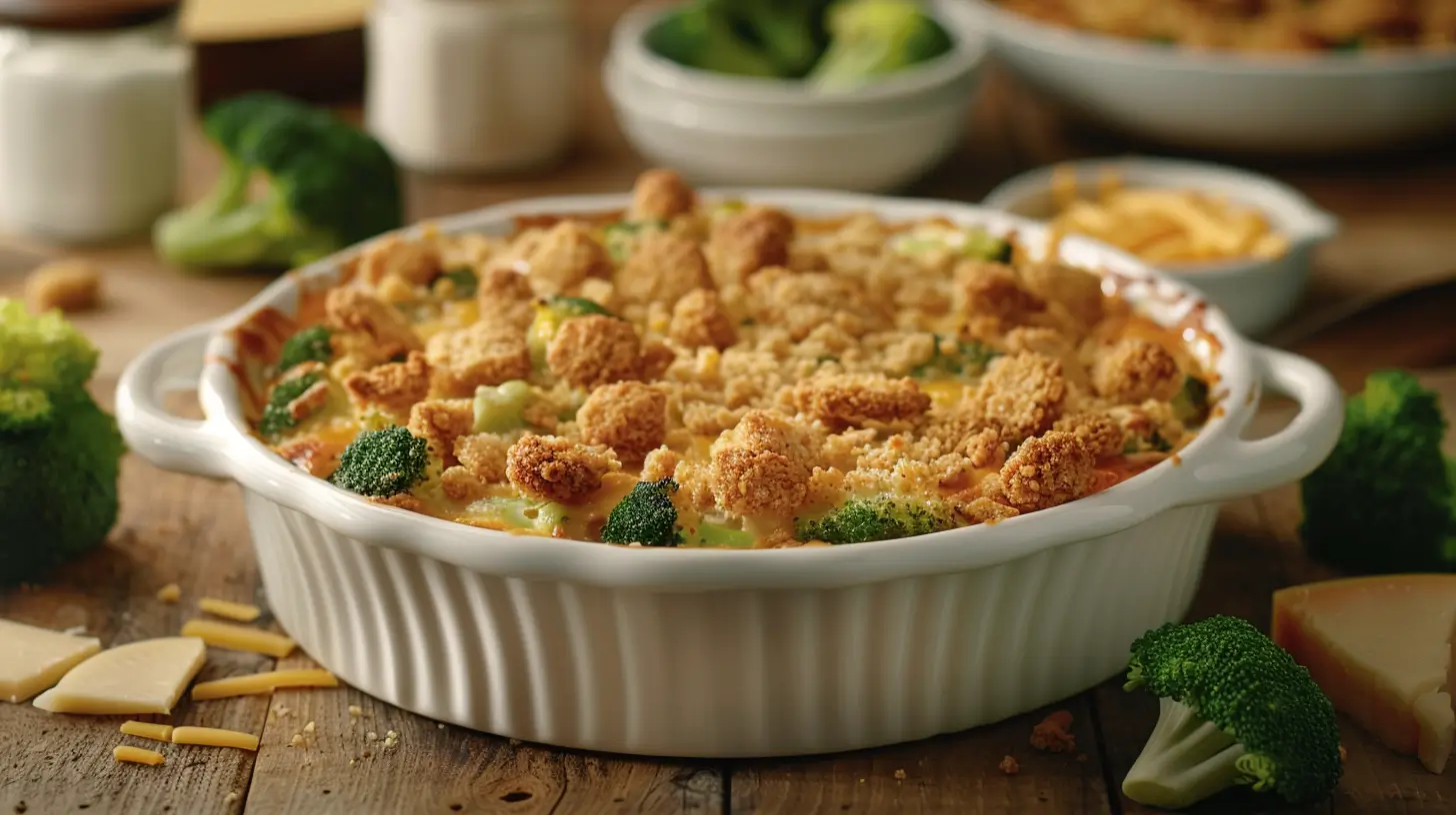 A freshly baked broccoli cheese casserole with a golden cracker topping in a white ceramic dish