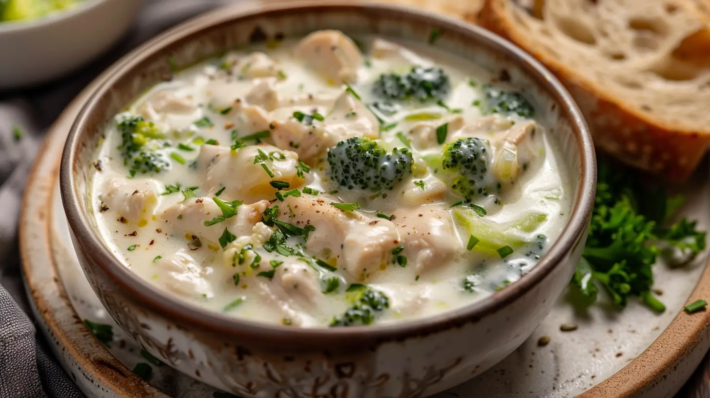 A steaming bowl of chicken broccoli cheddar soup with fresh broccoli florets, shredded cheddar cheese, and bread on the side.