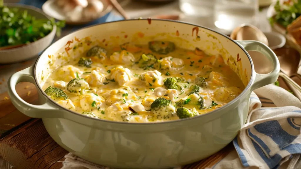 A pot of chicken broccoli cheddar soup with creamy texture, fresh broccoli, and melted cheddar cheese, ready to be served.