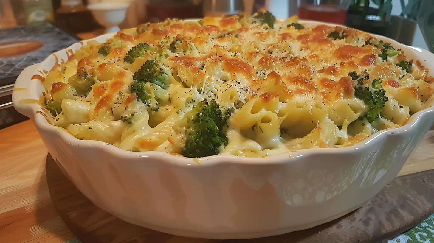 Chicken broccoli pasta casserole served in a white ceramic dish with a golden cheese topping