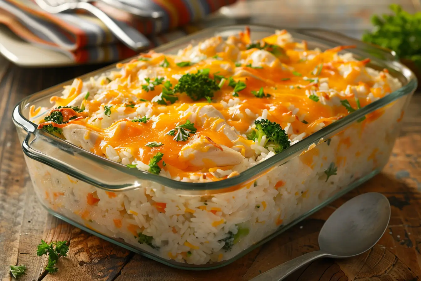 A delicious chicken casserole with broccoli and rice, baked in a glass dish, topped with melted cheese.