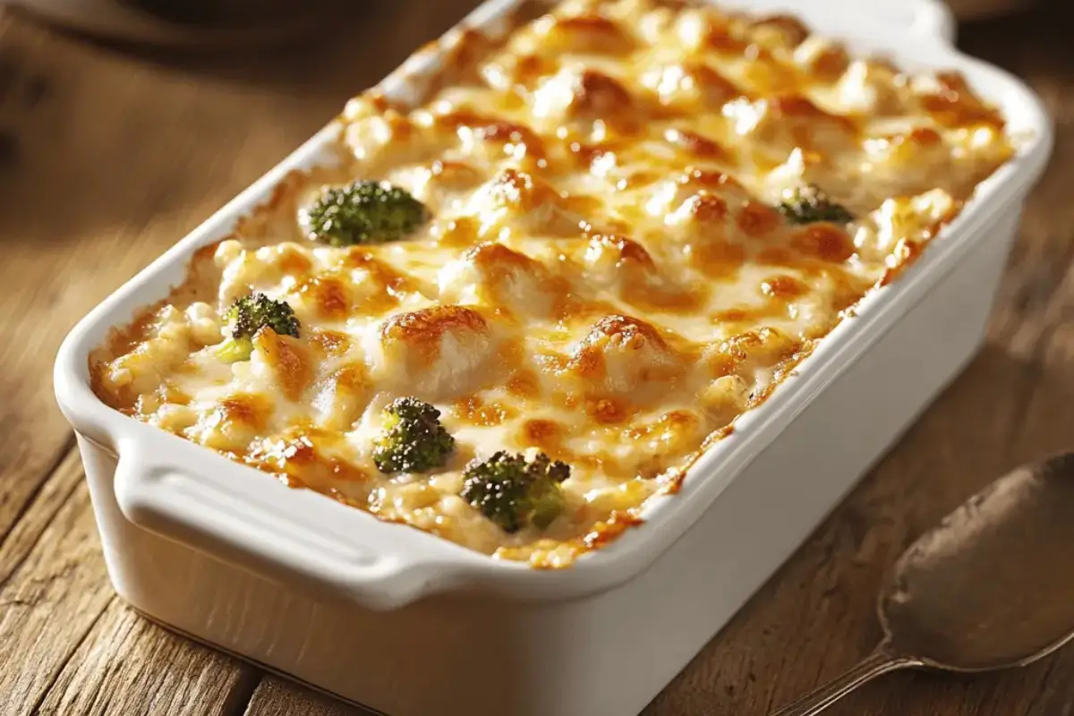 A perfectly baked chicken broccoli rice casserole in a dish with golden cheese topping.