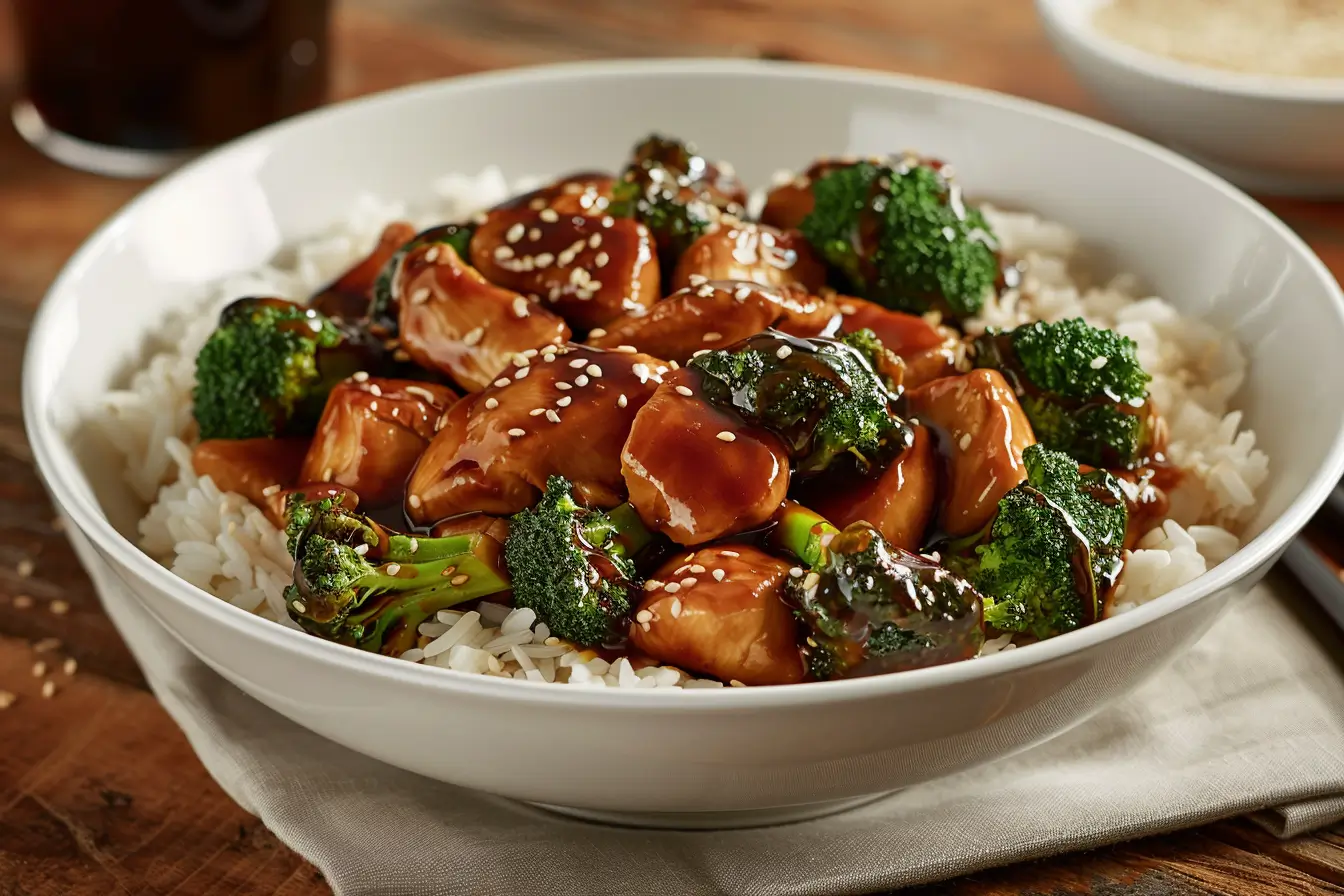 A delicious bowl of chicken and broccoli stir-fry with a glossy brown sauce, garnished with sesame seeds and served with rice.