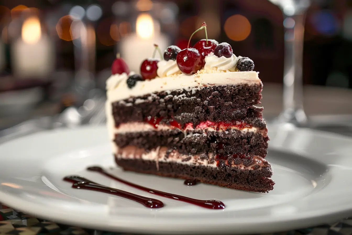 Close-up of a Black Forest cake slice showcasing layers of chocolate sponge, cherry filling, and whipped cream.