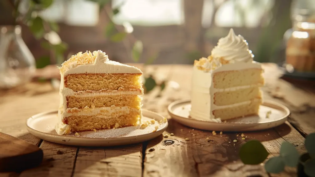 Close-up of vanilla cake and white cake slices on elegant plates.