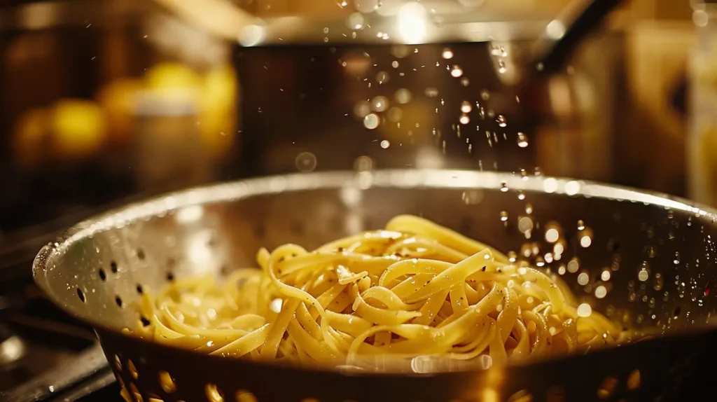 A close-up of cooked pasta being drained in a colander, with steam rising and a pot of boiling water in the background.