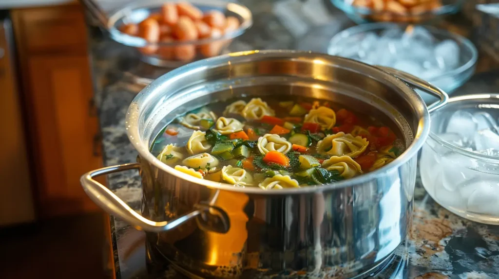 A pot of tortellini soup cooling in an ice bath, prepared for refrigeration.