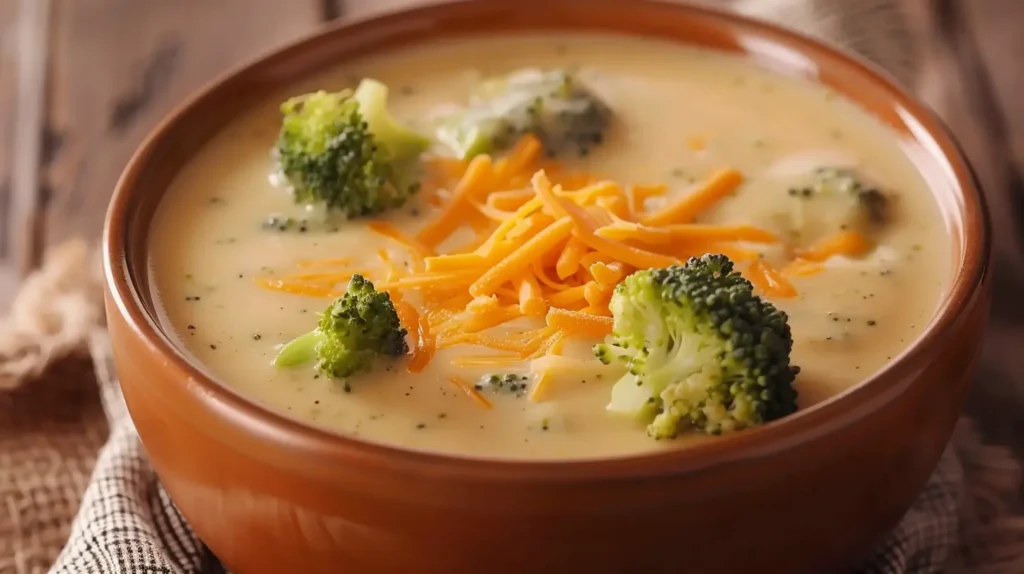 Close-up of ingredients for thickening broccoli cheddar soup, including flour, cornstarch, heavy cream, cheese, and fresh broccoli.