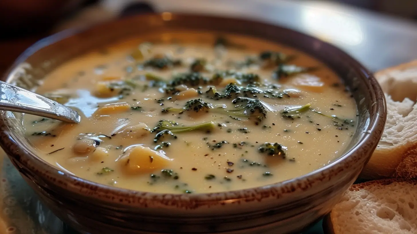 A warm bowl of creamy broccoli cheddar soup garnished with fresh parsley and a side of crusty bread.