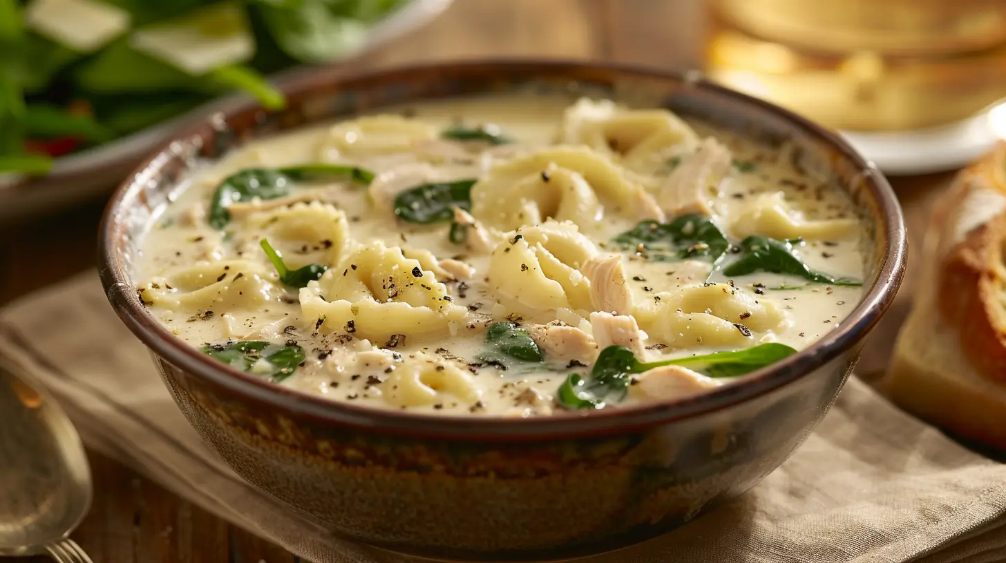 A steaming bowl of creamy chicken tortellini soup garnished with spinach and Parmesan, served with garlic bread and a fresh salad.