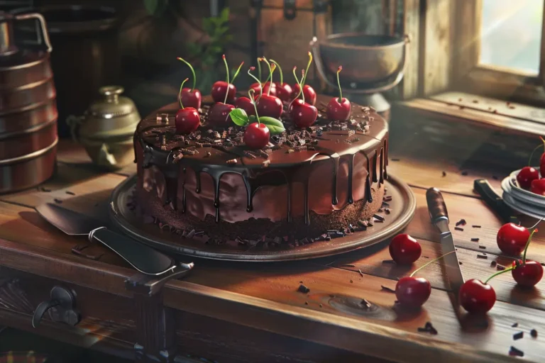 A decadent chocolate cherry cake with glossy ganache and fresh cherries on top.