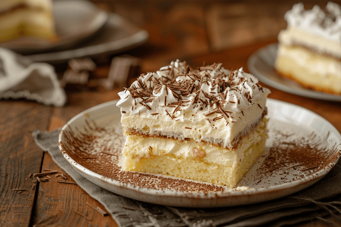 A slice of Robert Redford Cake showing distinct layers of crust, cream cheese, chocolate pudding, and whipped cream topped with chocolate shavings.