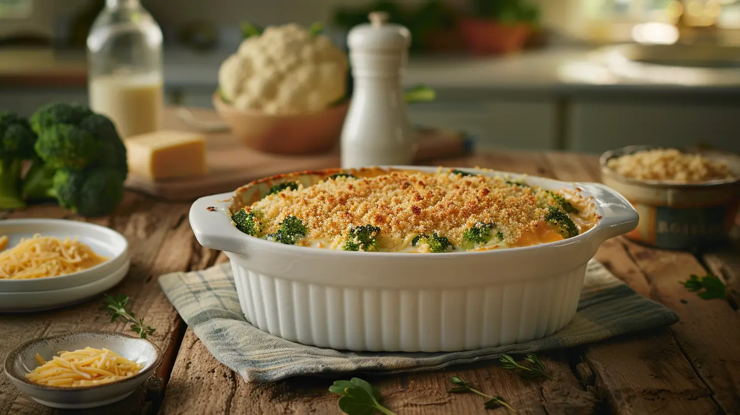 Cheesy broccoli casserole baked to perfection in a white ceramic dish, garnished with breadcrumbs