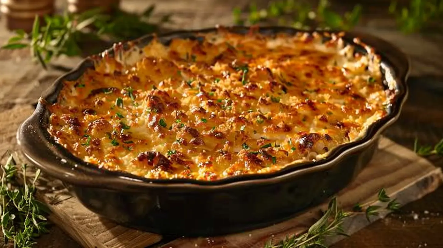 A delicious pasta bake topped with golden cheese in a casserole dish on a rustic wooden table.