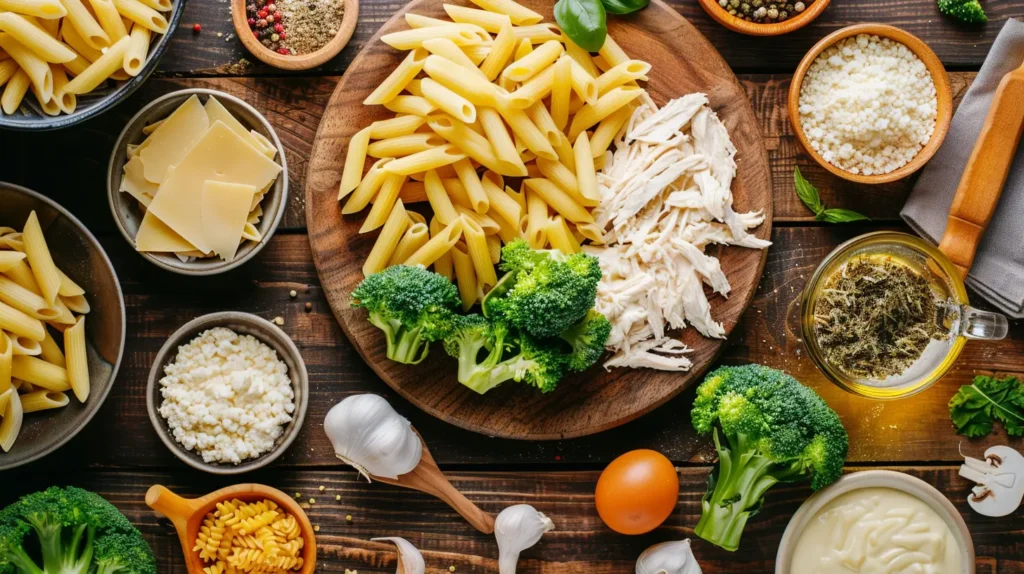 Ingredients for chicken broccoli pasta casserole arranged on a wooden countertop