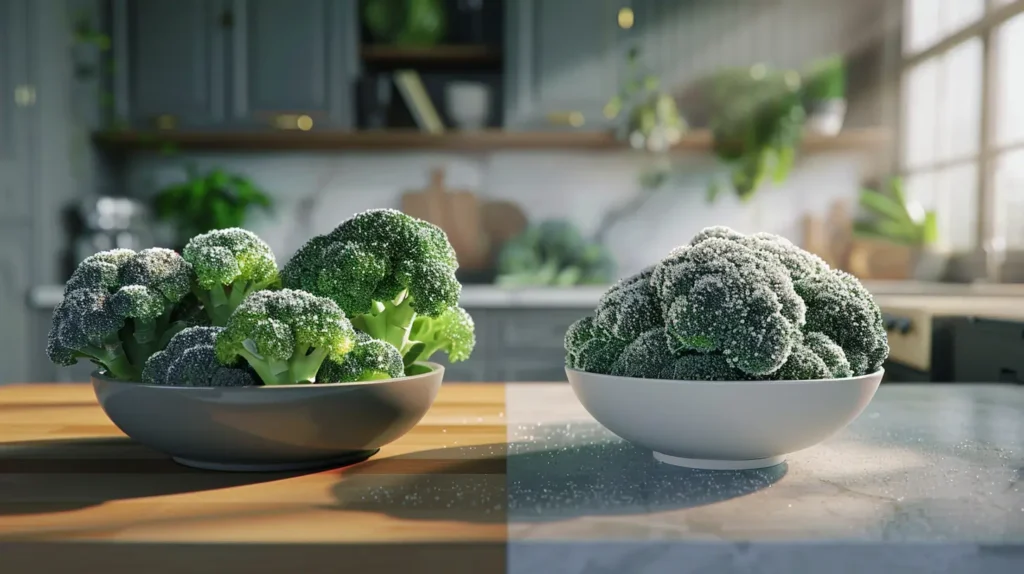 Fresh broccoli and frozen broccoli side by side on a kitchen countertop