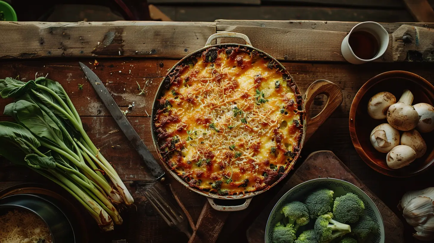 Fresh and frozen broccoli on a wooden table with a baked broccoli casserole in a dish