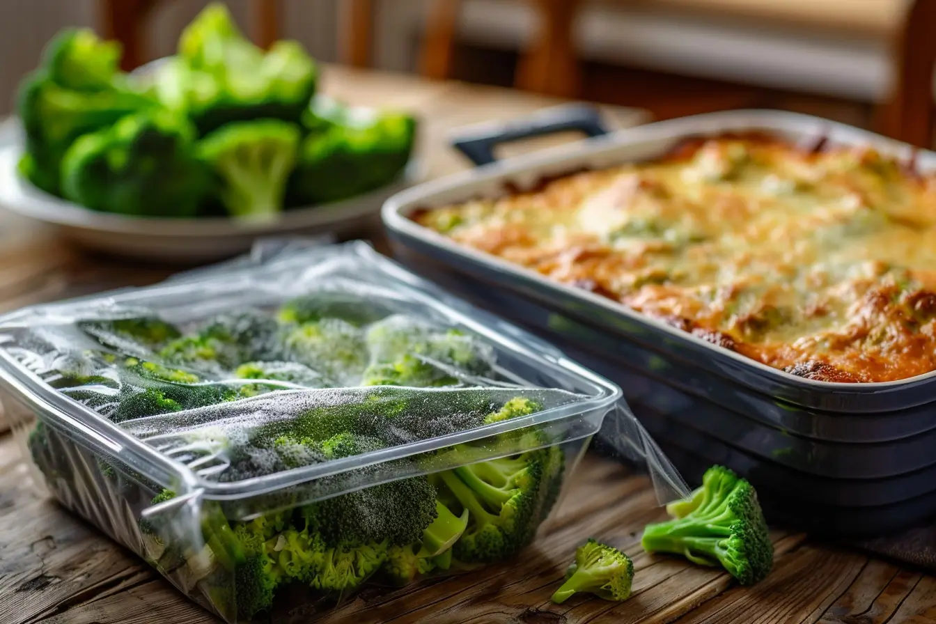 Fresh and frozen broccoli side by side on a wooden table with a casserole dish in the background