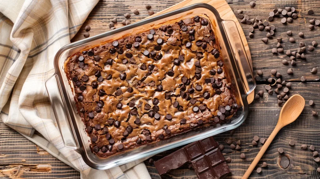 Chocolate dump cake freshly baked in a glass dish with a gooey center and a crispy chocolate top.