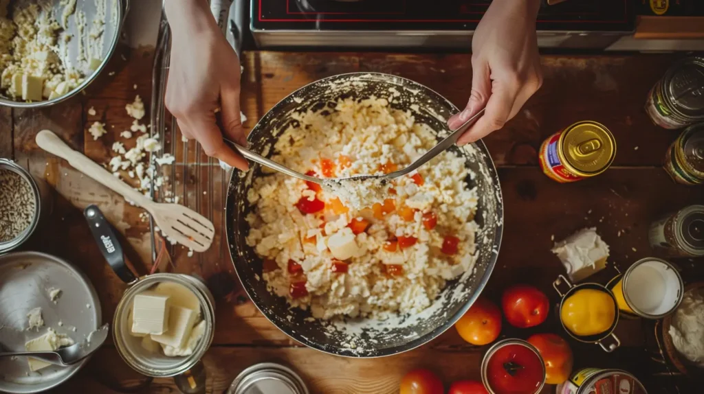 Baking dish with a freshly baked golden-brown dump cake surrounded by ingredients like canned fruits, cake mix, and butter.