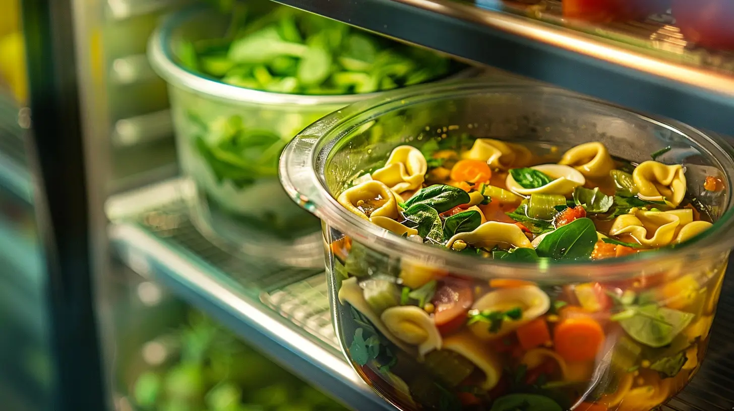 A steaming bowl of tortellini soup stored in an airtight glass container on a refrigerator shelf, emphasizing freshness and safe storage.