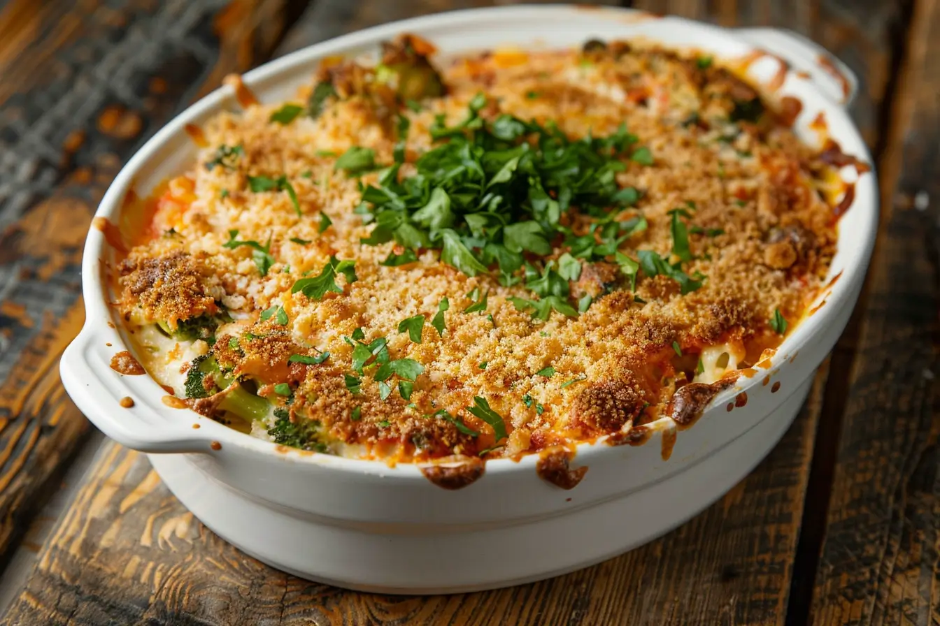 A golden-brown broccoli casserole in a shallow white baking dish, topped with melted cheese and crispy breadcrumbs, served on a rustic wooden table.