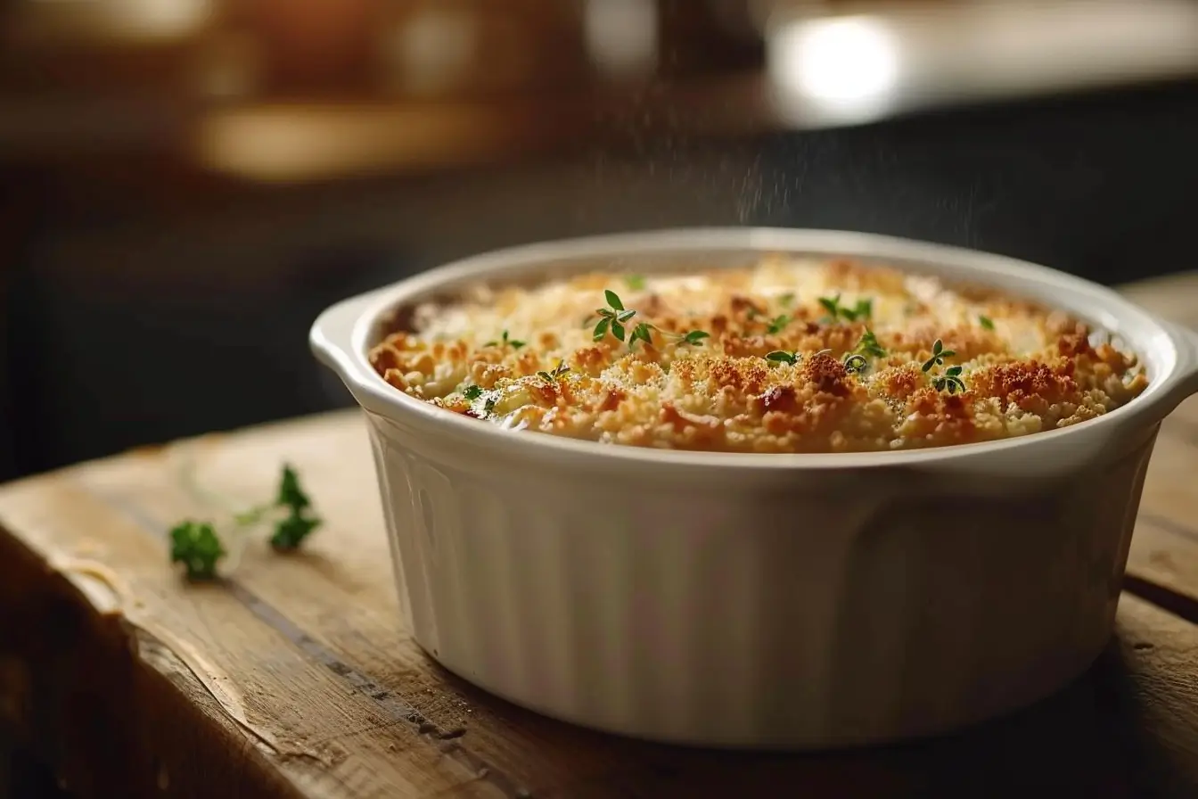 Close-up of a golden-brown broccoli casserole topped with breadcrumbs in a white ceramic dish, sitting on a wooden kitchen counter