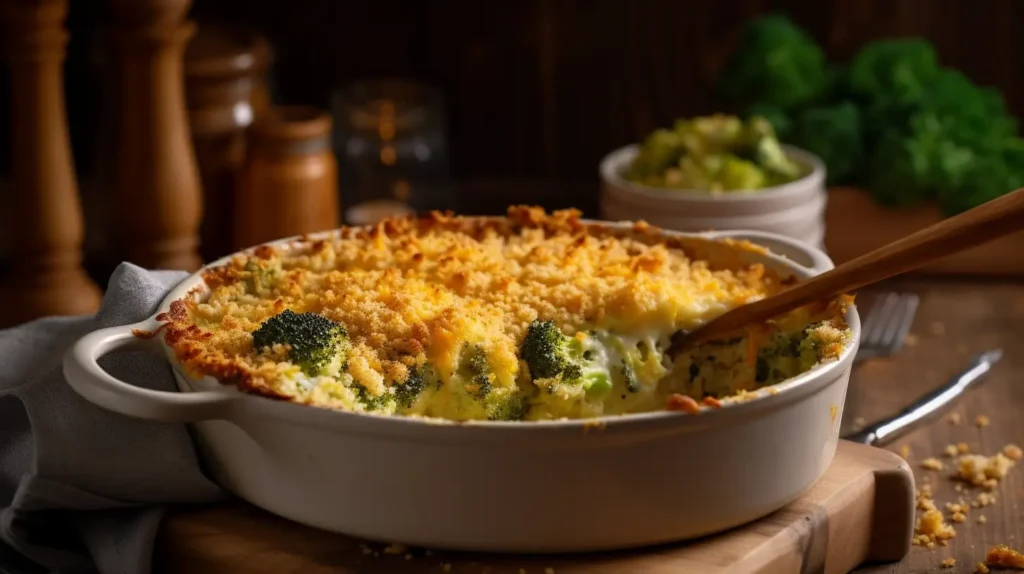 Why Is My Broccoli Casserole Watery? 5 A close-up of a freshly baked broccoli casserole in a white ceramic dish, with a golden-brown crispy topping and gooey cheese bubbling around the edges. A wooden spoon is scooping out a portion, revealing tender broccoli and a creamy sauce.