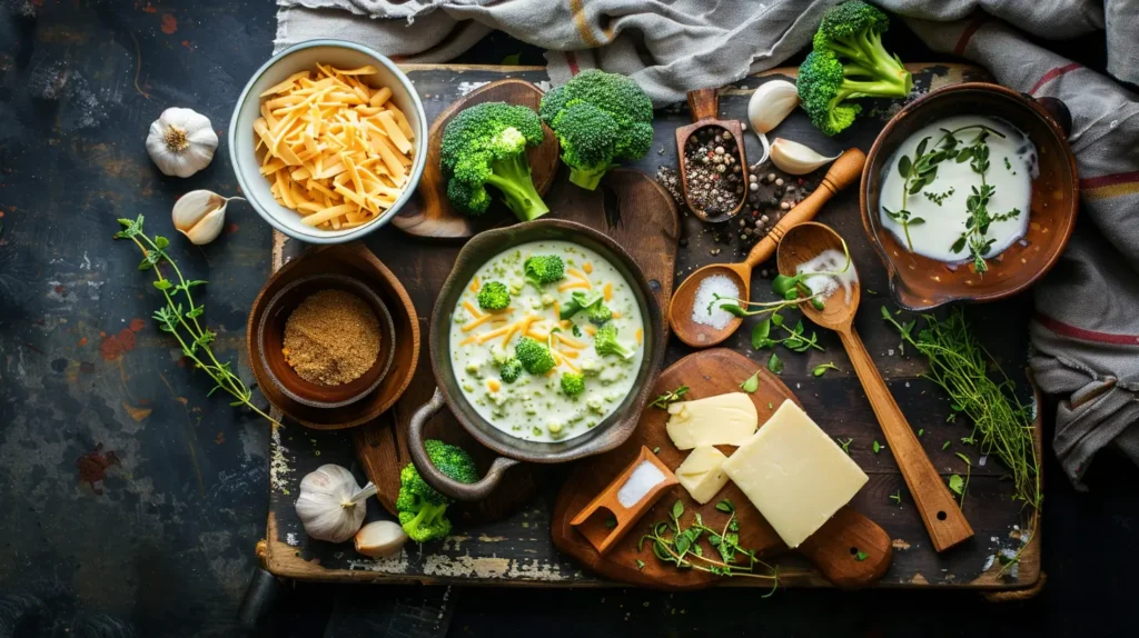 Ingredients for broccoli cheddar soup, including fresh broccoli, cheddar cheese, cream, and butter, displayed on a wooden countertop.