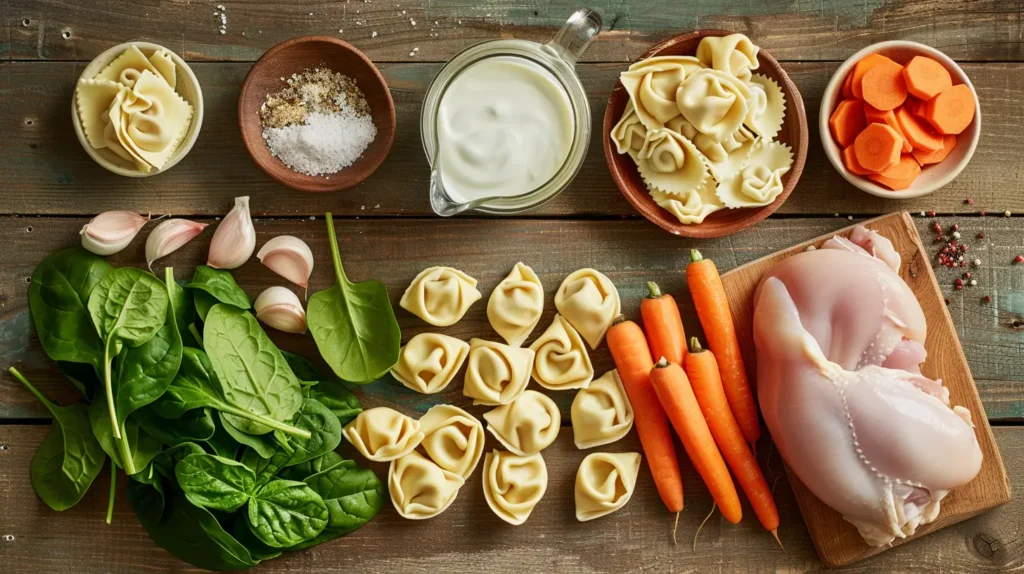 Fresh ingredients for creamy chicken tortellini soup, including chicken, cheese tortellini, spinach, carrots, and cream arranged beautifully on a rustic wooden surface.