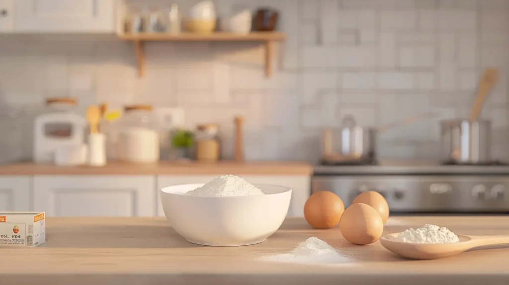 Ingredients for baking a sour cream cake, including a bowl of sour cream, eggs, flour, and a box cake mix on a kitchen counter.