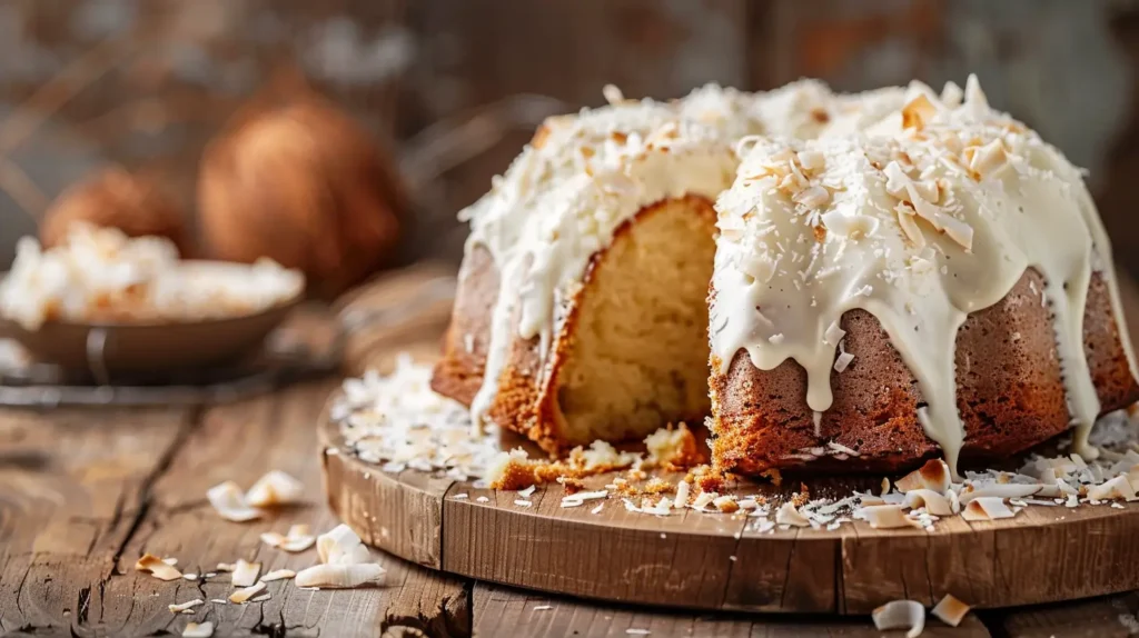 Close-up of a moist white chocolate coconut bundt cake topped with cream cheese frosting and coconut shavings.