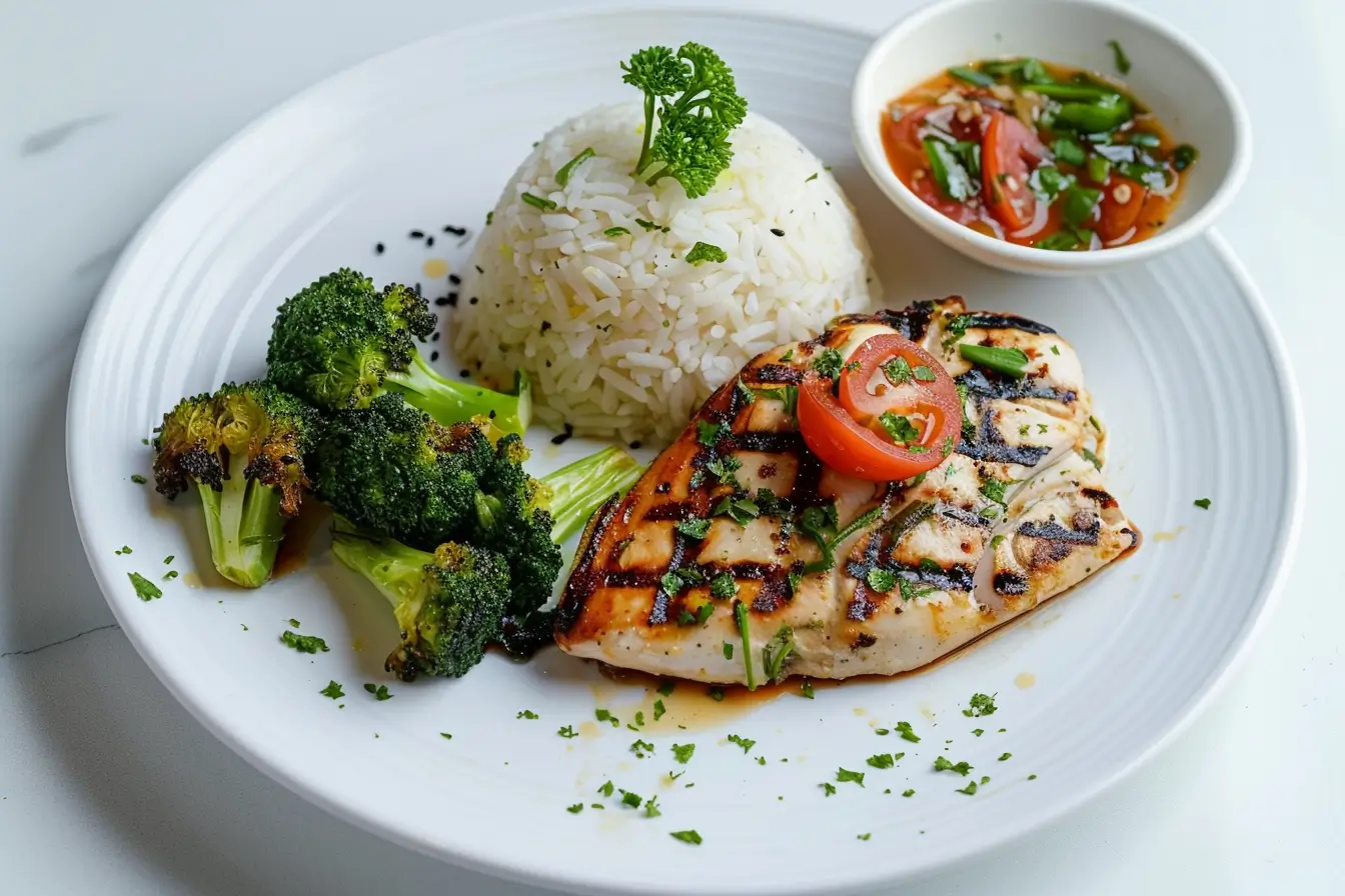 A healthy meal of rice, chicken, and broccoli served on a white plate, emphasizing balance and nutrition.