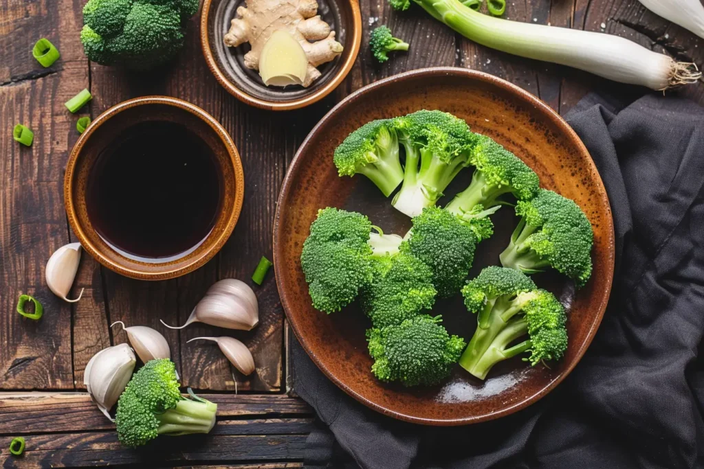 Fresh ingredients for chicken and broccoli sauce, including soy sauce, garlic, ginger, oyster sauce, and broccoli florets, arranged neatly on a wooden table.