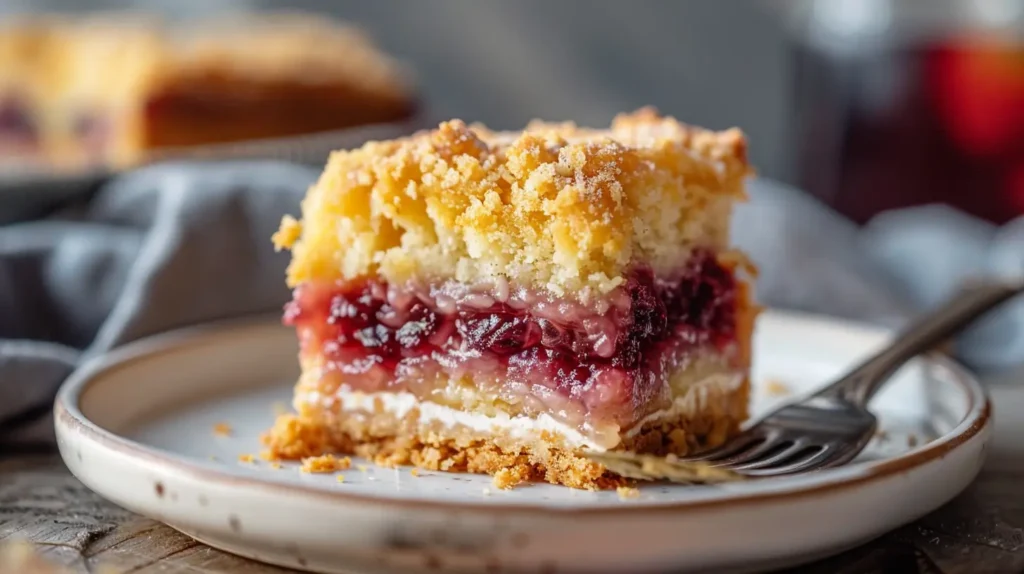 Layers of dump cake being served with gooey fruit filling and golden topping.