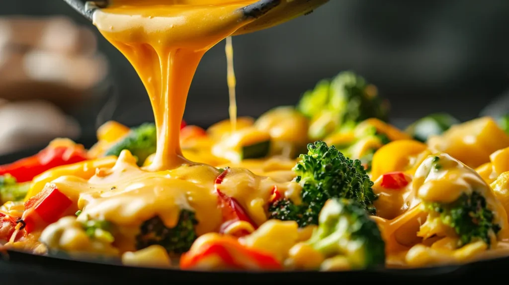 A close-up of melted cheese being poured over a casserole dish with vibrant vegetables.