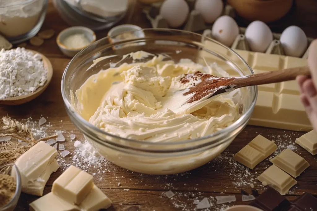 Mixing white chocolate cake batter with a wooden spoon in a glass bowl, surrounded by baking ingredients.