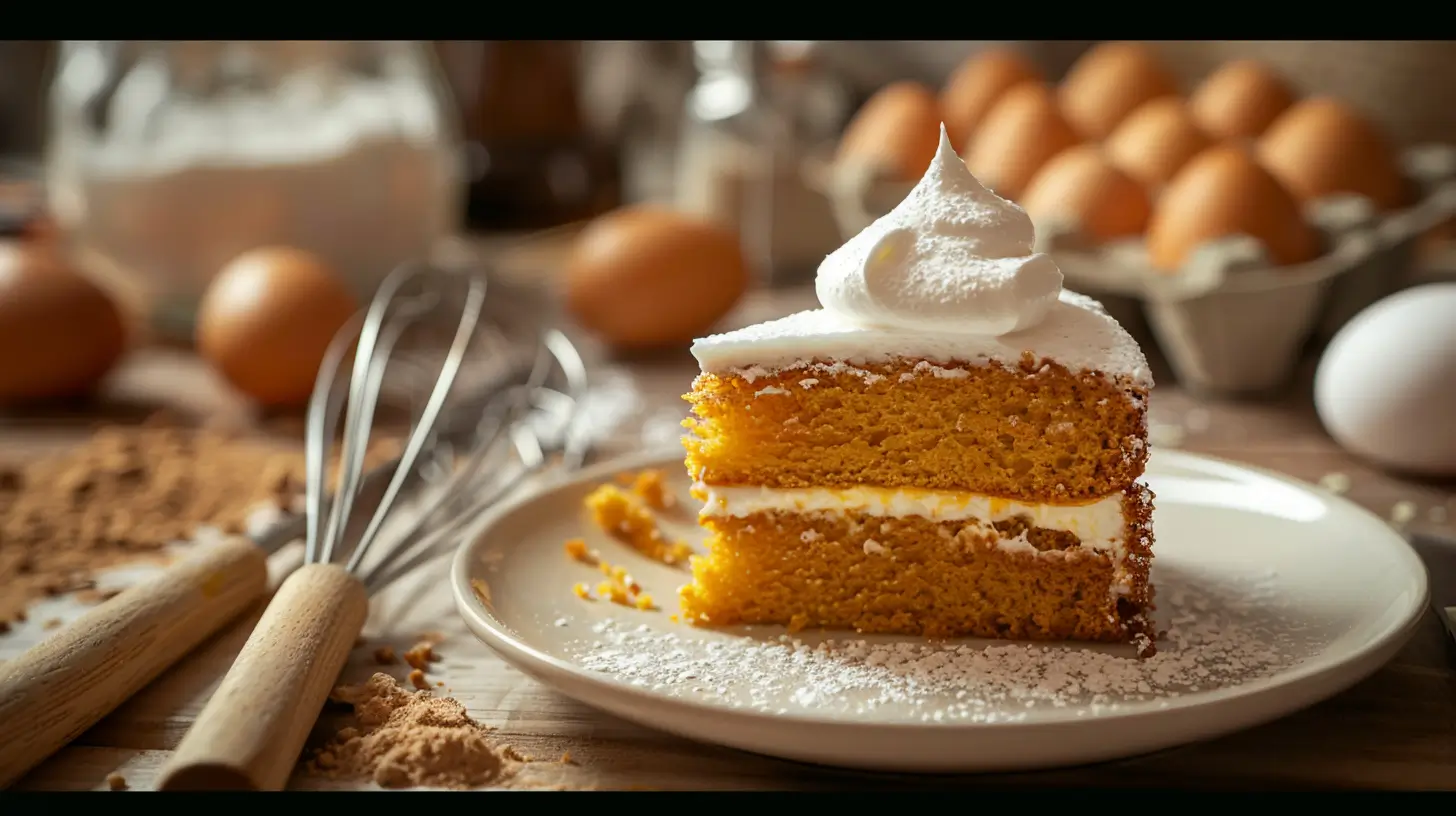 A close-up of a moist and fluffy slice of cake on a plate with a dollop of sour cream nearby