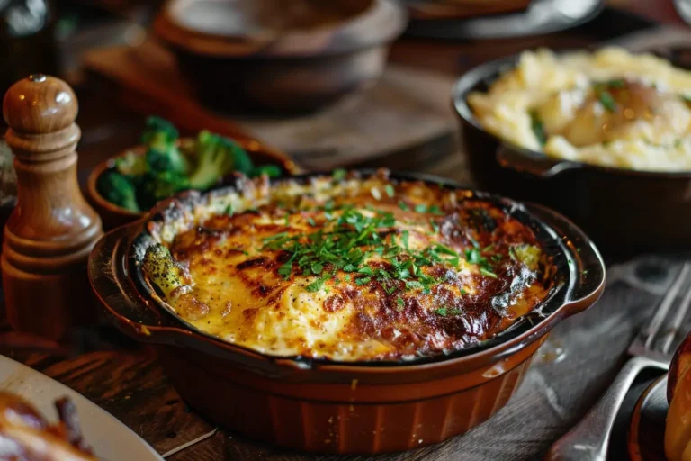 A deliciously baked Paula Deen broccoli casserole served in a ceramic dish with a crispy golden topping, garnished with fresh parsley.