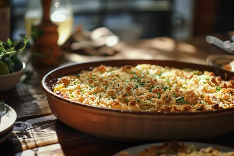 A golden, cheesy squash casserole topped with crispy breadcrumbs, served in a rustic ceramic dish on a wooden table.