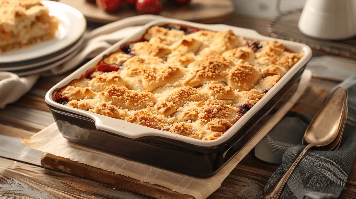 A freshly baked dump cake with a gooey fruit layer and golden-brown topping served in a 9x13-inch pan.