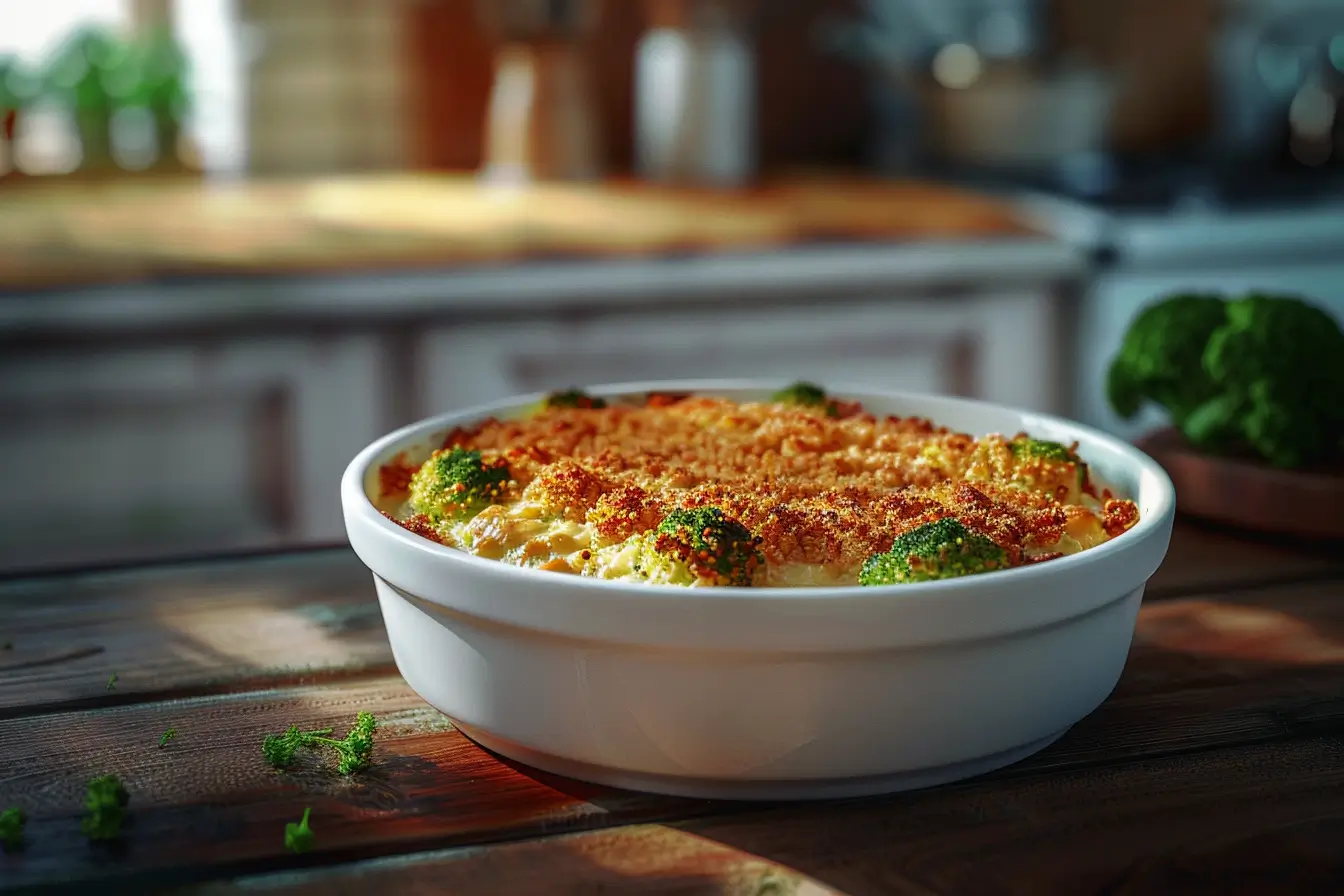 A beautifully baked broccoli casserole topped with golden breadcrumbs in a white ceramic dish.