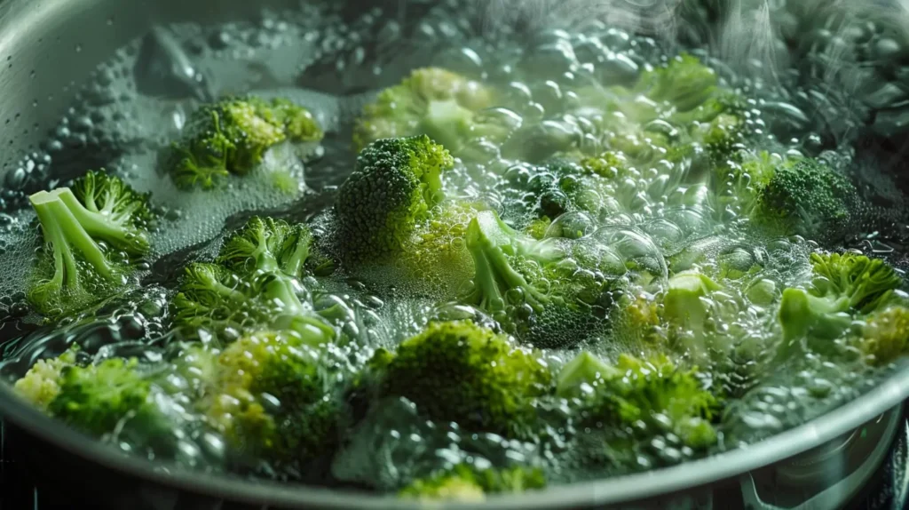 Broccoli florets being blanched in a pot of boiling water, with steam rising.