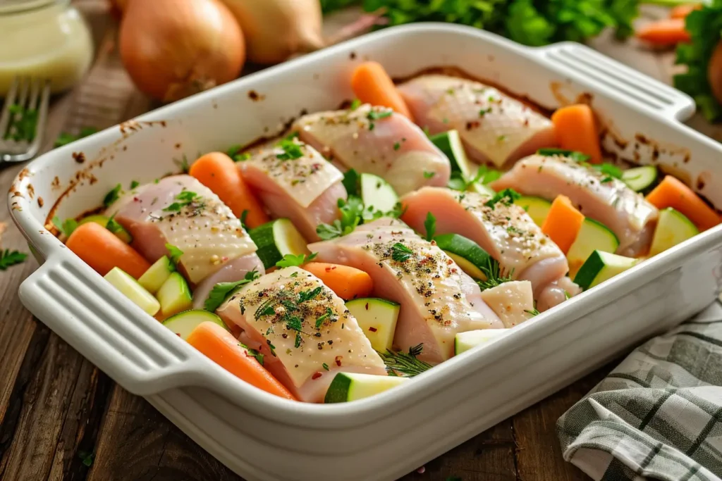 Raw chicken pieces layered with vegetables and sauce in a baking dish, ready to go into the oven.