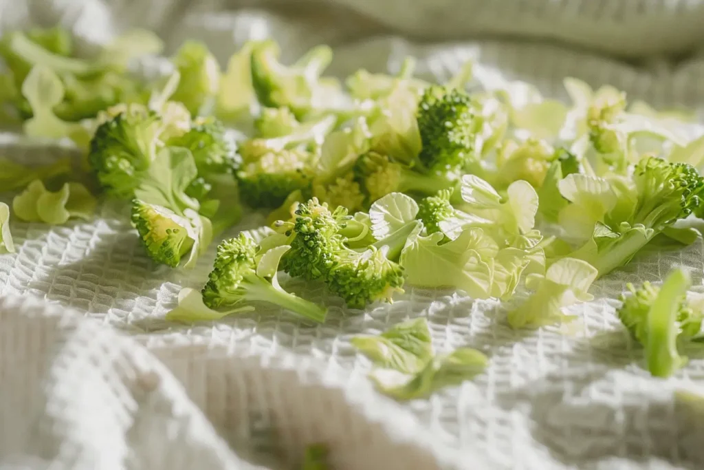 Can You Use Fresh Broccoli Instead of Frozen in Casserole? 4 Blanched broccoli florets drying on a kitchen towel